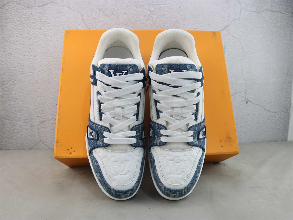 LV Trainer Sneaker White Blue Monogram denim